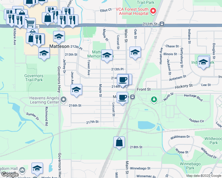 map of restaurants, bars, coffee shops, grocery stores, and more near 3635 214th Place in Matteson
