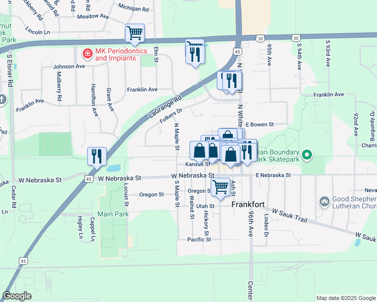 map of restaurants, bars, coffee shops, grocery stores, and more near 88 Kaffel Court in Frankfort