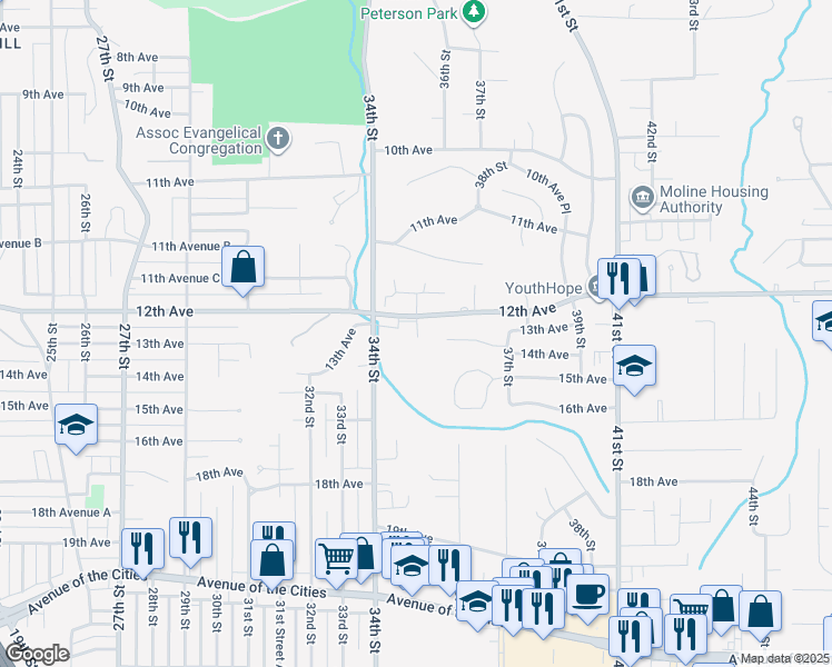 map of restaurants, bars, coffee shops, grocery stores, and more near 1219 35th Street Drive in Moline