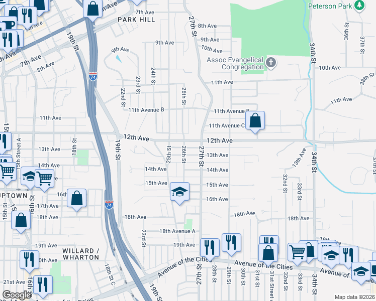 map of restaurants, bars, coffee shops, grocery stores, and more near 2621 13th Avenue in Moline