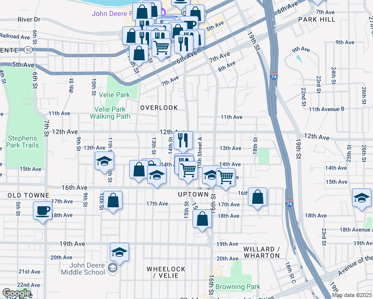 map of restaurants, bars, coffee shops, grocery stores, and more near 1311 15th Street in Moline