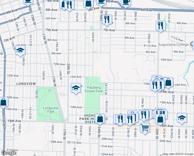 map of restaurants, bars, coffee shops, grocery stores, and more near 1300 24th Street in Rock Island