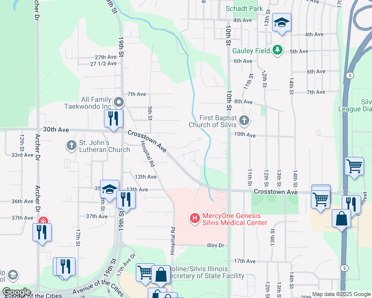 map of restaurants, bars, coffee shops, grocery stores, and more near 776 11th Avenue A Court in Silvis