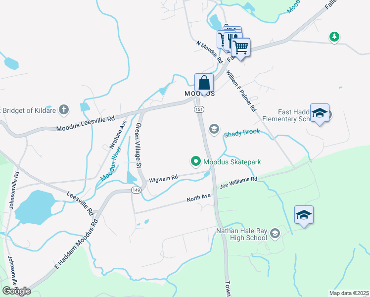 map of restaurants, bars, coffee shops, grocery stores, and more near 1 Plains Road in East Haddam