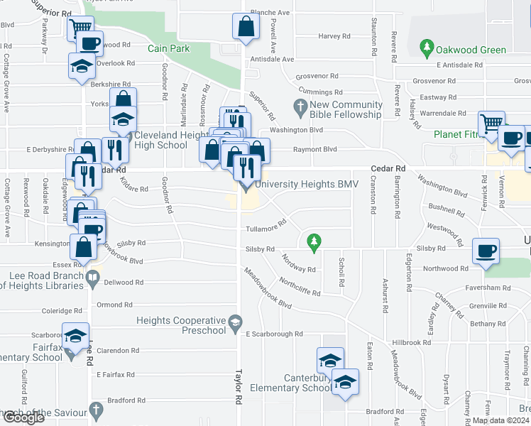 map of restaurants, bars, coffee shops, grocery stores, and more near 3481 Tullamore Road in Cleveland Heights