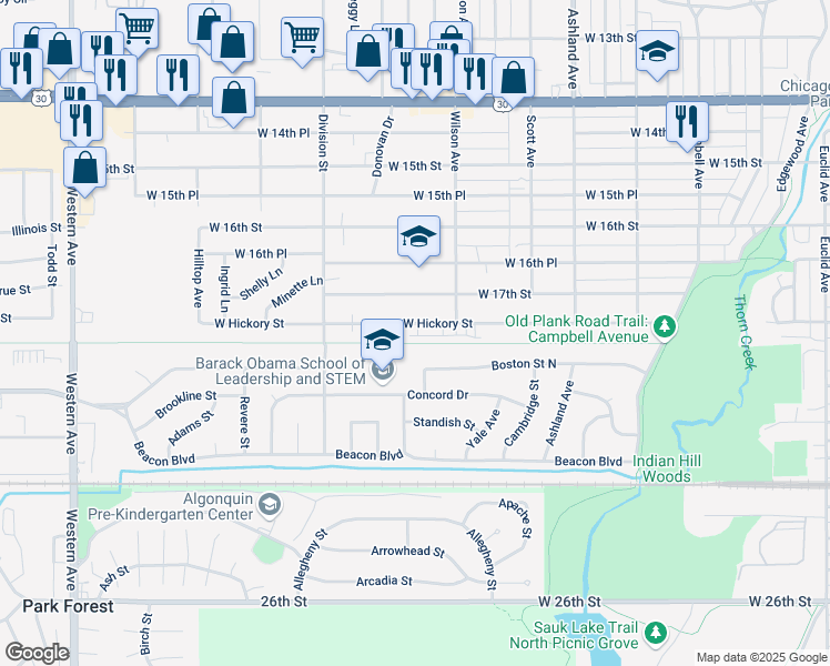 map of restaurants, bars, coffee shops, grocery stores, and more near 428 Hickory Street in Chicago Heights