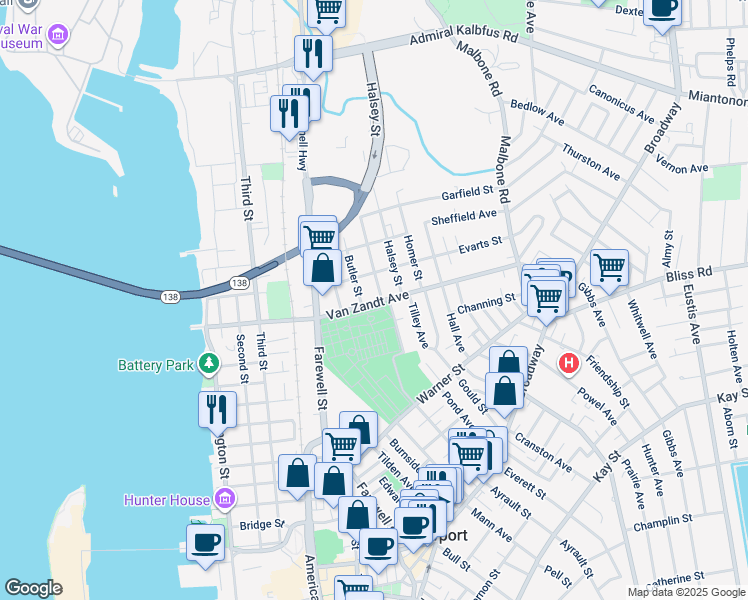 map of restaurants, bars, coffee shops, grocery stores, and more near 80 Van Zandt Avenue in Newport
