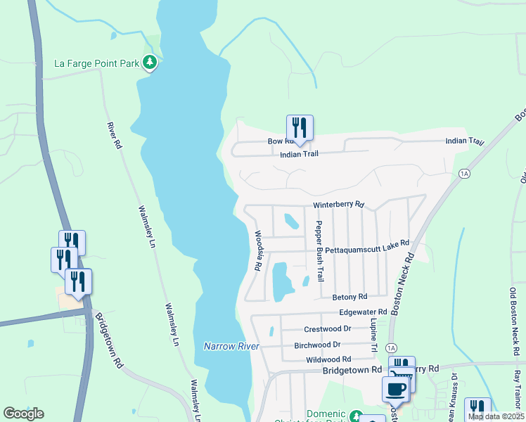 map of restaurants, bars, coffee shops, grocery stores, and more near 152 Winterberry Road in Narragansett