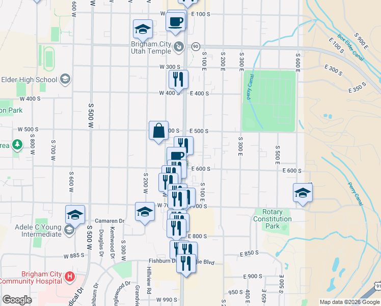 map of restaurants, bars, coffee shops, grocery stores, and more near 557 South Main Street in Brigham City