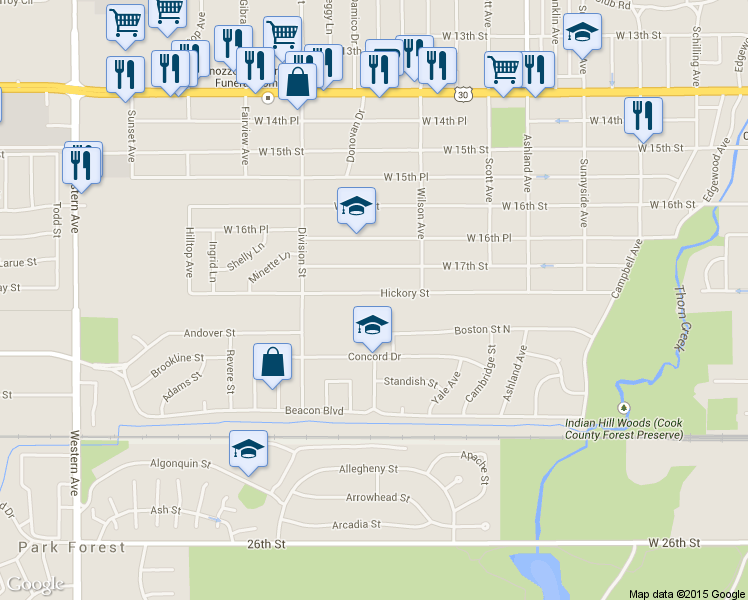 map of restaurants, bars, coffee shops, grocery stores, and more near 436 Hickory Street in Chicago Heights