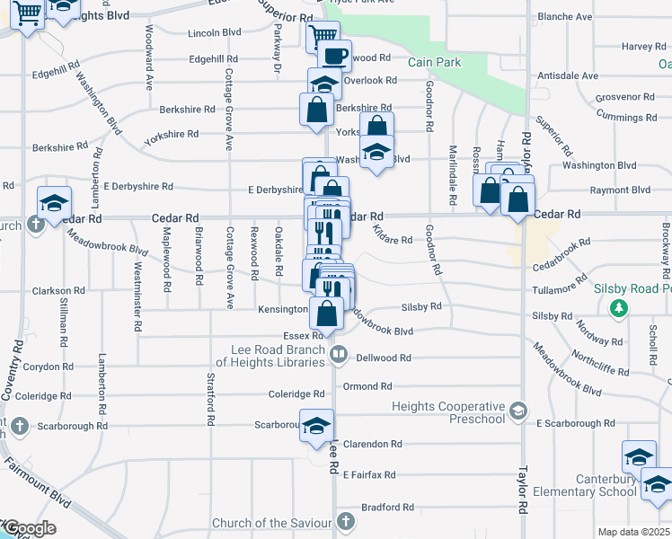 map of restaurants, bars, coffee shops, grocery stores, and more near 2230 Lee Road in Cleveland Heights