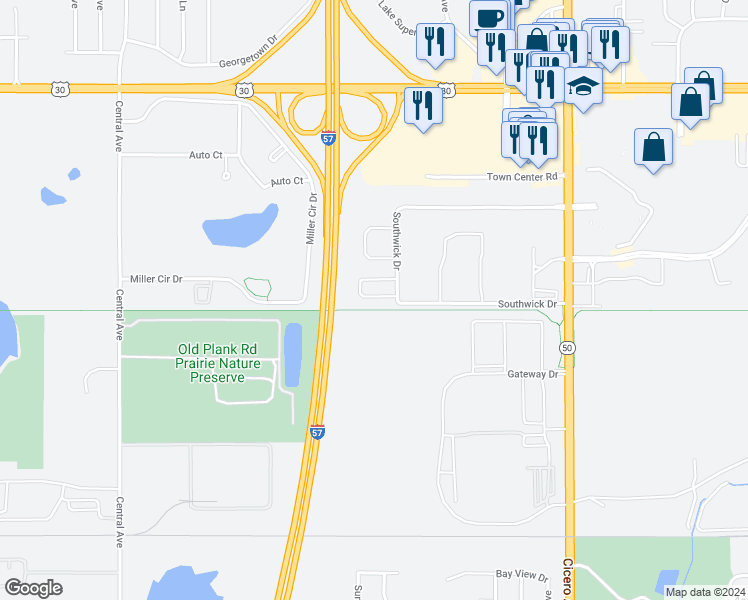map of restaurants, bars, coffee shops, grocery stores, and more near 5241 Stoneridge Court in Matteson