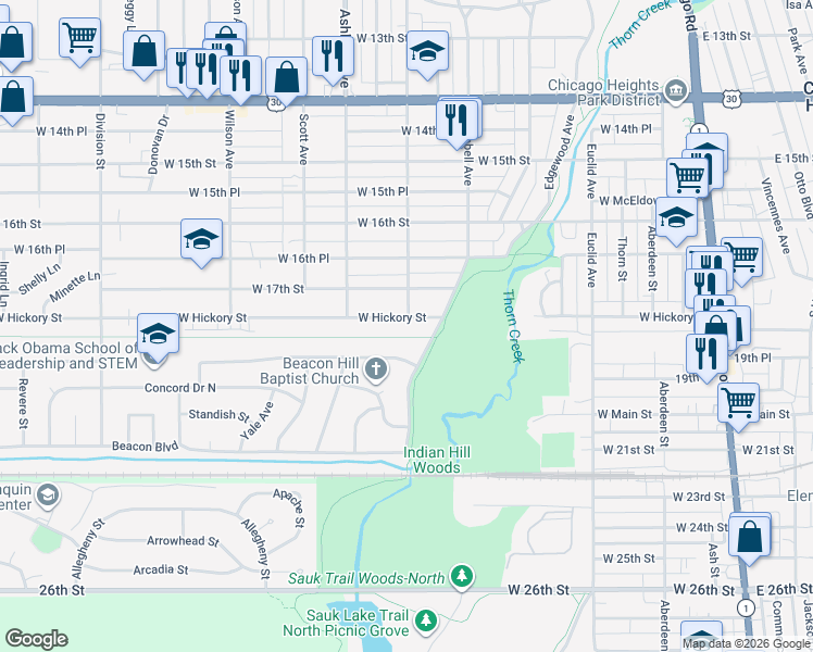map of restaurants, bars, coffee shops, grocery stores, and more near 260 Hickory Street in Chicago Heights