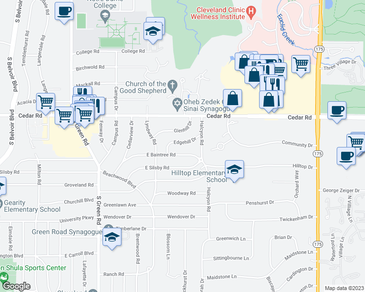 map of restaurants, bars, coffee shops, grocery stores, and more near 23917 East Baintree Road in Beachwood