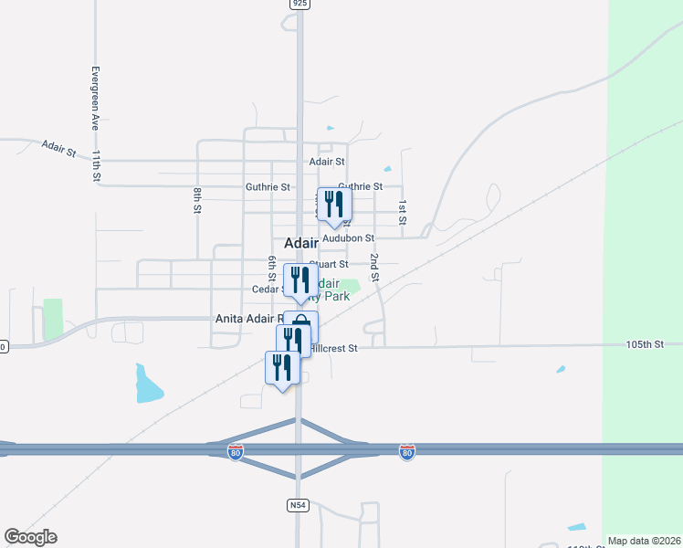 map of restaurants, bars, coffee shops, grocery stores, and more near 204 Stuart Street in Adair