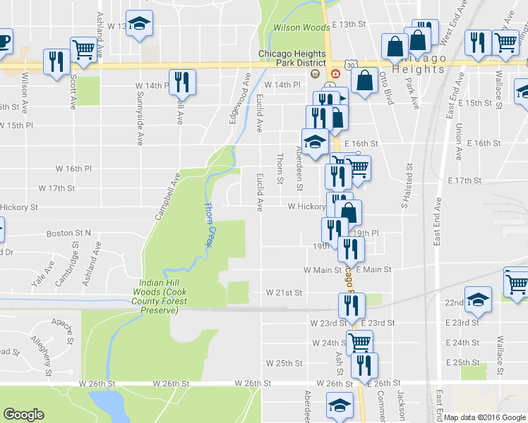 map of restaurants, bars, coffee shops, grocery stores, and more near 106 Hickory Street in Chicago Heights