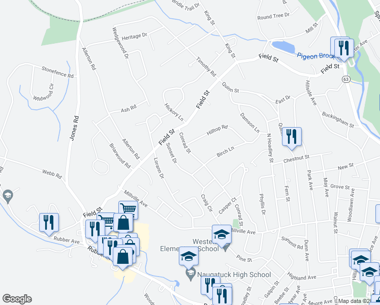map of restaurants, bars, coffee shops, grocery stores, and more near 230 Conrad Street in Naugatuck