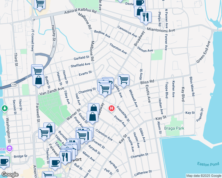 map of restaurants, bars, coffee shops, grocery stores, and more near 325 Broadway in Newport