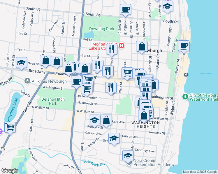 map of restaurants, bars, coffee shops, grocery stores, and more near 31 William Street in Newburgh
