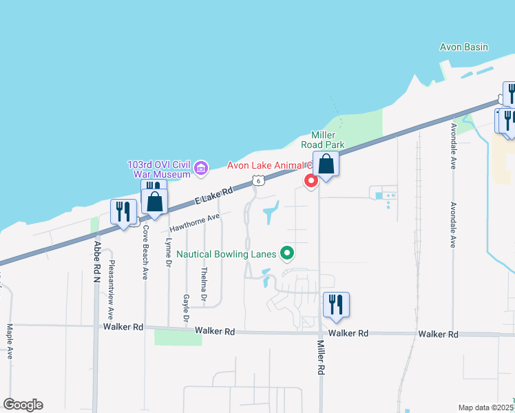 map of restaurants, bars, coffee shops, grocery stores, and more near 200 Aqua Marine Boulevard in Avon Lake