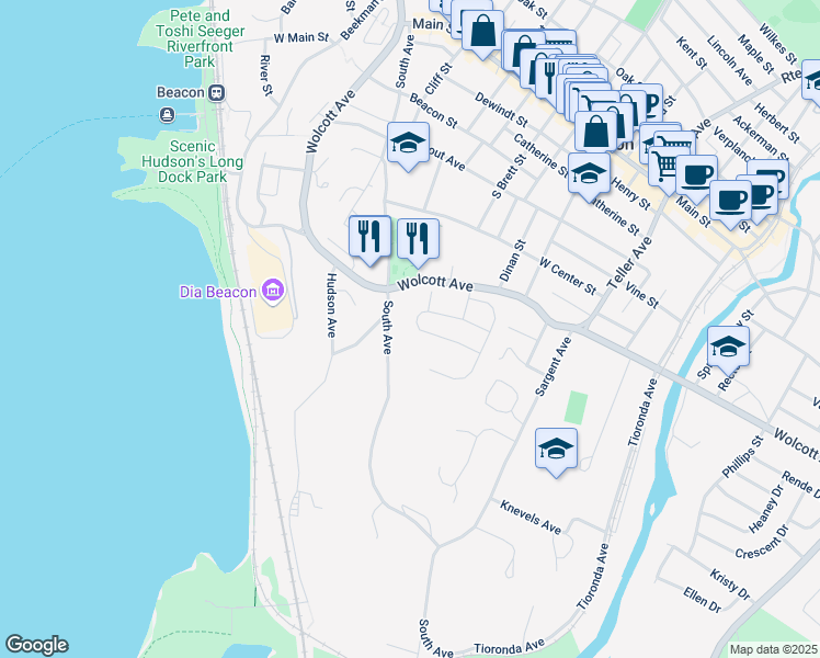 map of restaurants, bars, coffee shops, grocery stores, and more near 30 Iris Circle in Beacon