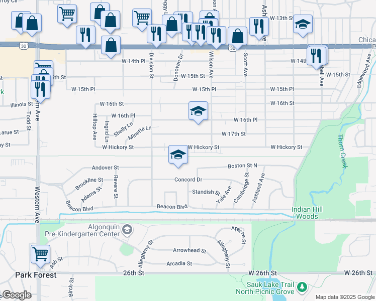 map of restaurants, bars, coffee shops, grocery stores, and more near 436 Hickory Street in Chicago Heights