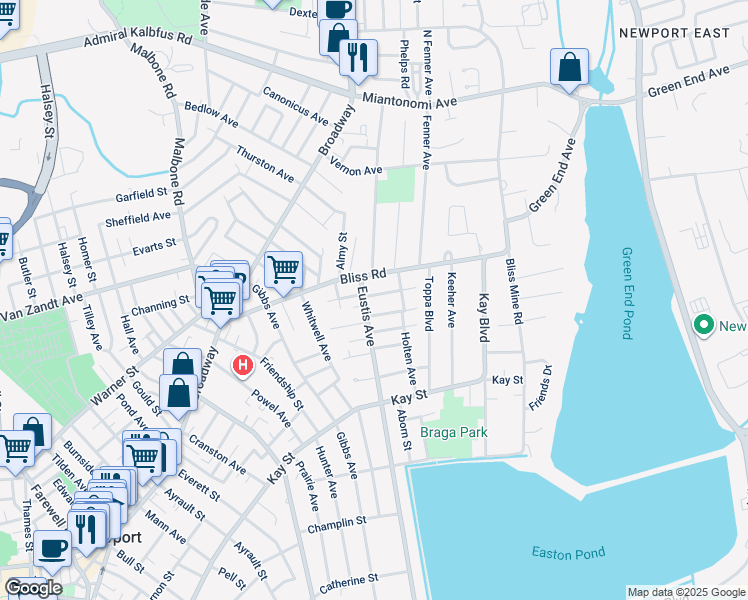 map of restaurants, bars, coffee shops, grocery stores, and more near 19 Eustis Avenue in Newport