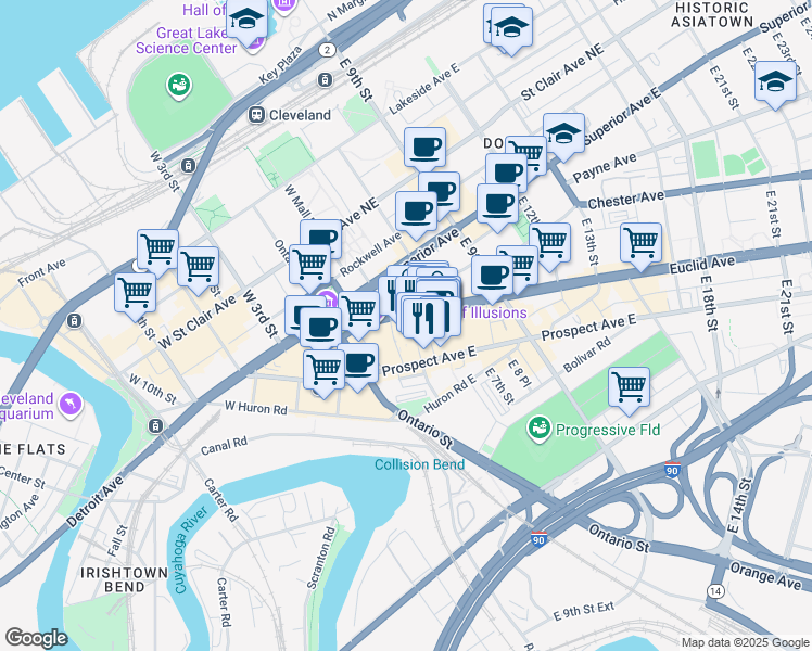 map of restaurants, bars, coffee shops, grocery stores, and more near 322 Euclid Avenue in Cleveland