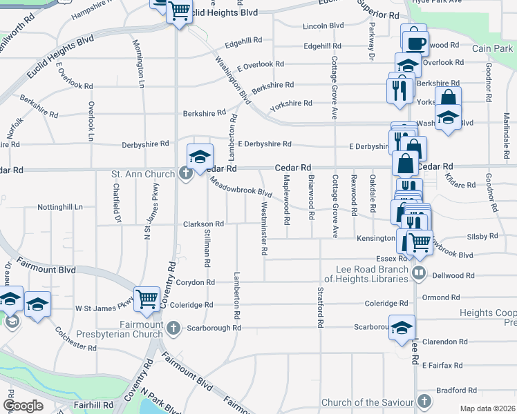 map of restaurants, bars, coffee shops, grocery stores, and more near 2222 Westminster Road in Cleveland Heights