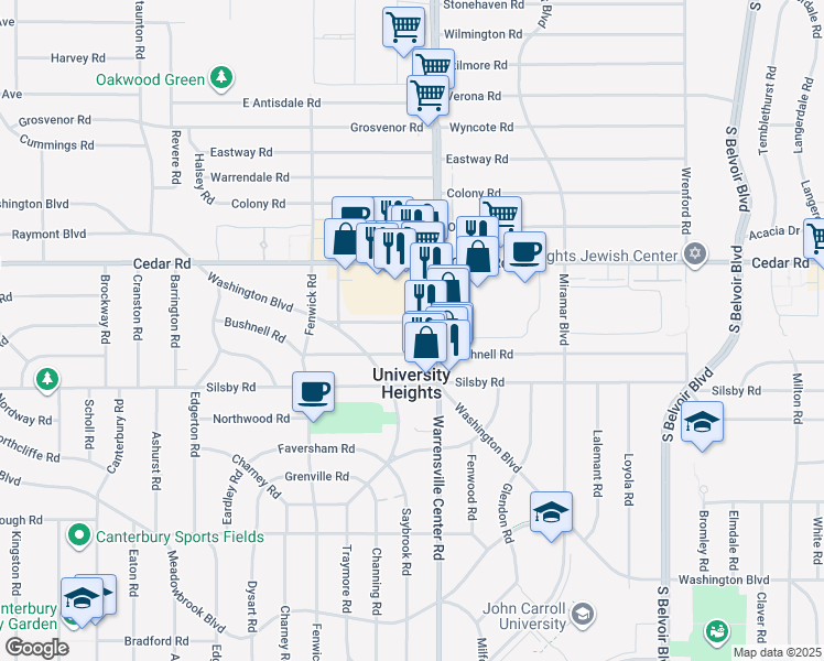 map of restaurants, bars, coffee shops, grocery stores, and more near 2230 Warrensville Center Road in University Heights