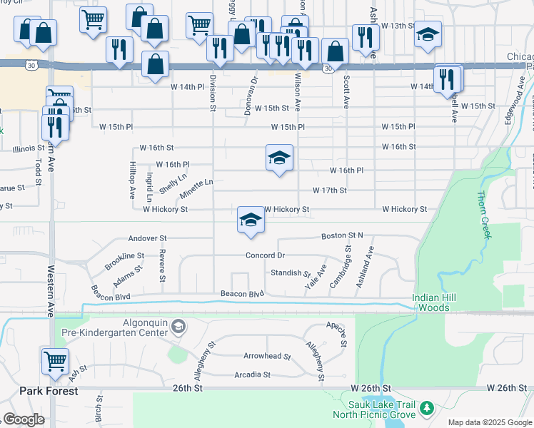 map of restaurants, bars, coffee shops, grocery stores, and more near 436 Hickory Street in Chicago Heights
