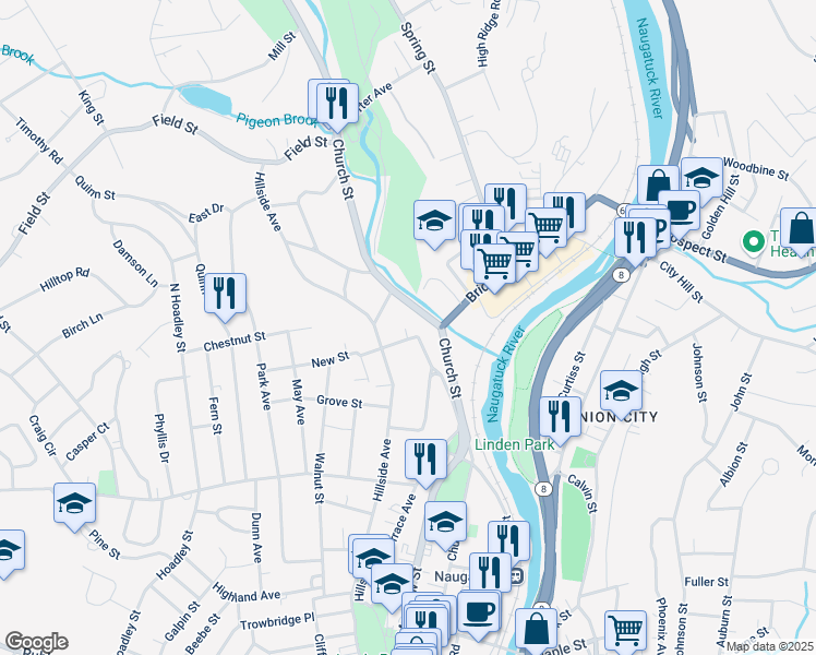 map of restaurants, bars, coffee shops, grocery stores, and more near 2 Salem Street in Naugatuck