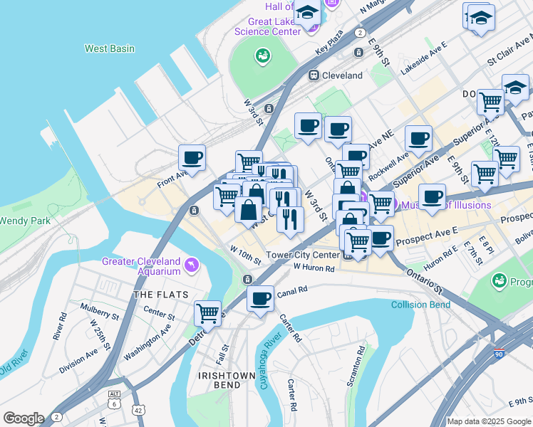 map of restaurants, bars, coffee shops, grocery stores, and more near 824 W St Clair Ave in Cleveland