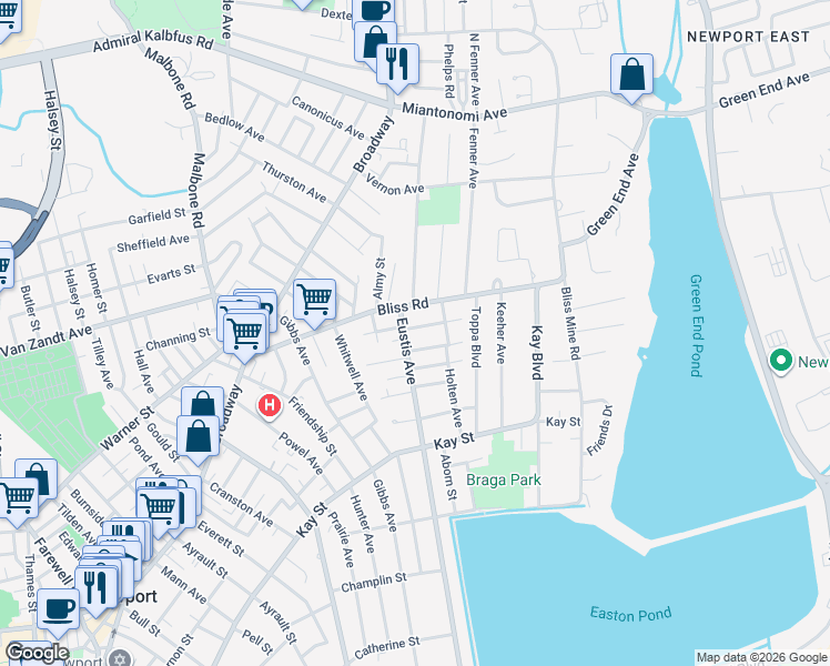 map of restaurants, bars, coffee shops, grocery stores, and more near 19 Eustis Avenue in Newport