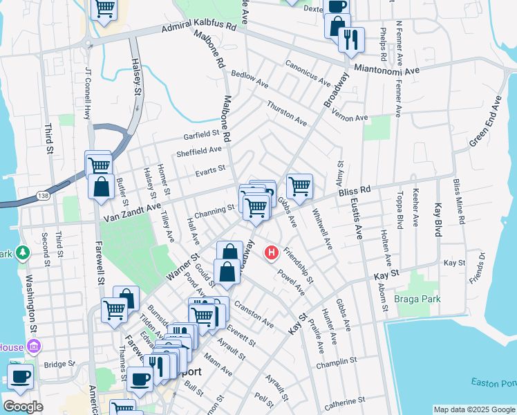 map of restaurants, bars, coffee shops, grocery stores, and more near 311 Broadway in Newport