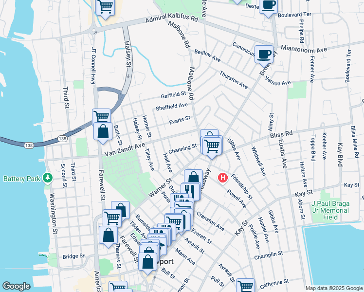 map of restaurants, bars, coffee shops, grocery stores, and more near 23 Channing Street in Newport