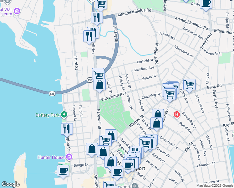 map of restaurants, bars, coffee shops, grocery stores, and more near 80 Van Zandt Avenue in Newport