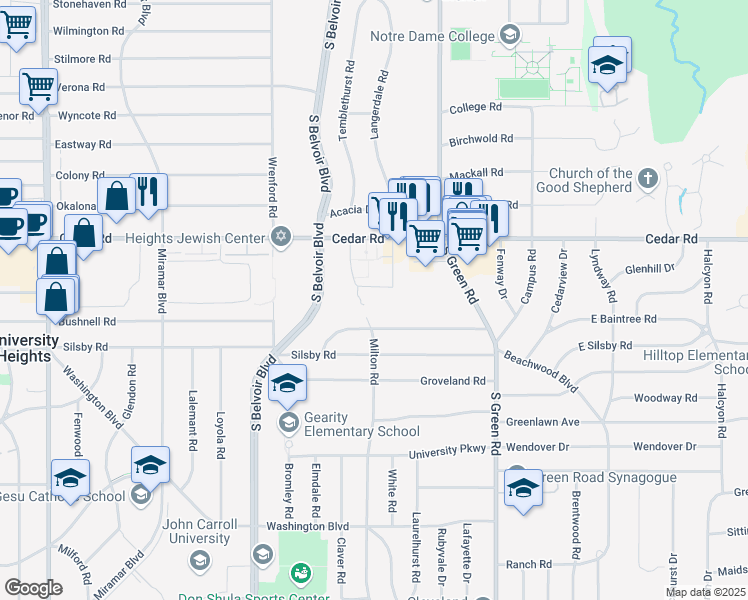 map of restaurants, bars, coffee shops, grocery stores, and more near 4379 Baintree Road in University Heights
