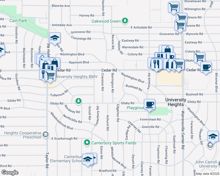 map of restaurants, bars, coffee shops, grocery stores, and more near 2231 Cranston Road in University Heights