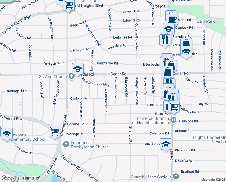 map of restaurants, bars, coffee shops, grocery stores, and more near 2219 Maplewood Road in Cleveland Heights