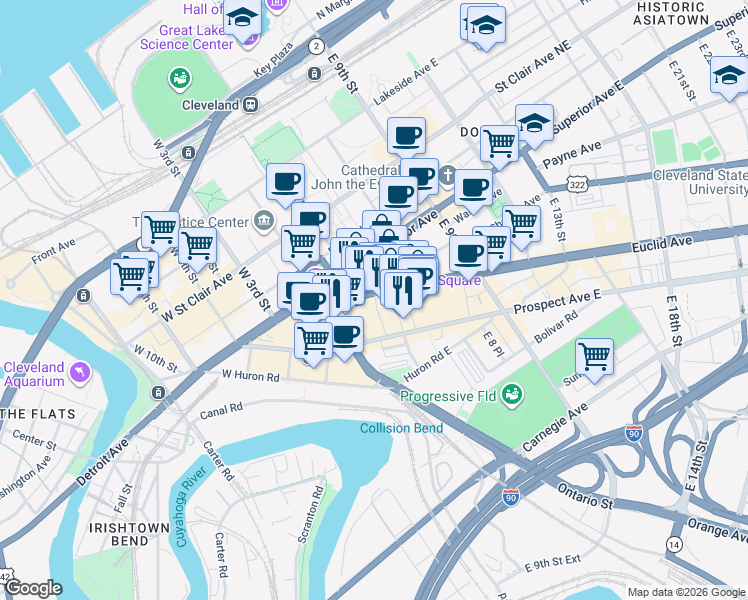 map of restaurants, bars, coffee shops, grocery stores, and more near 248 Euclid Avenue in Cleveland