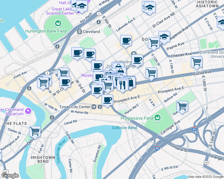 map of restaurants, bars, coffee shops, grocery stores, and more near 248 Euclid Avenue in Cleveland