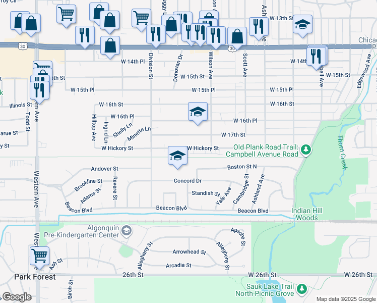 map of restaurants, bars, coffee shops, grocery stores, and more near 436 Hickory Street in Chicago Heights