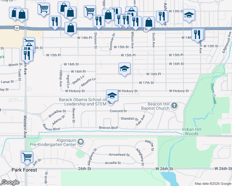 map of restaurants, bars, coffee shops, grocery stores, and more near 436 Hickory Street in Chicago Heights
