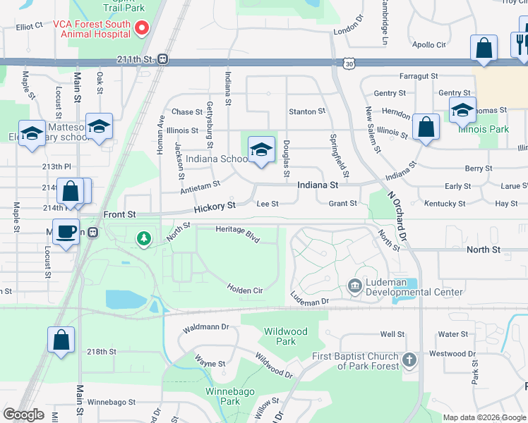 map of restaurants, bars, coffee shops, grocery stores, and more near 321 Hickory Street in Chicago Heights