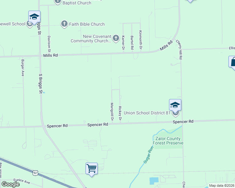 map of restaurants, bars, coffee shops, grocery stores, and more near 1507 Rickey Drive in Joliet