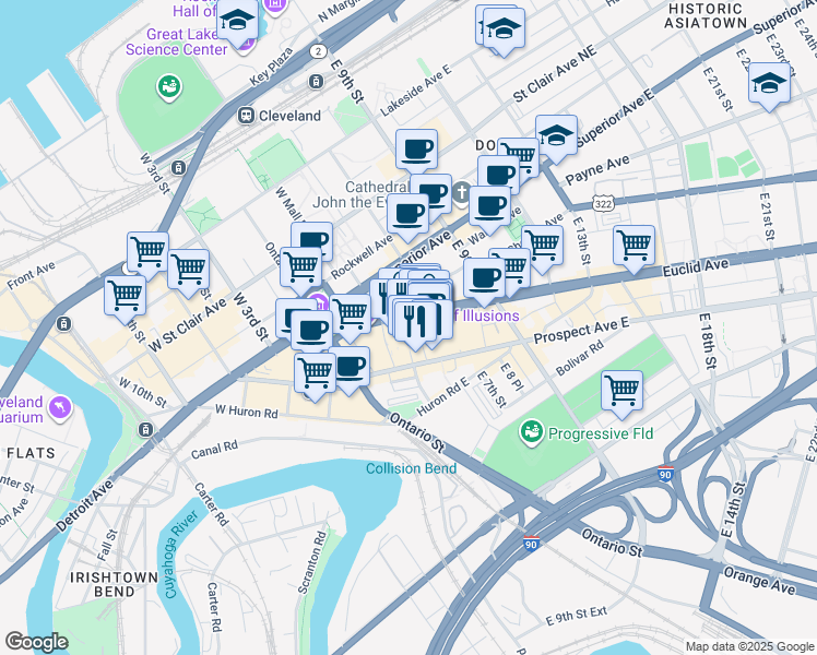 map of restaurants, bars, coffee shops, grocery stores, and more near 2063 East 4th Street in Cleveland