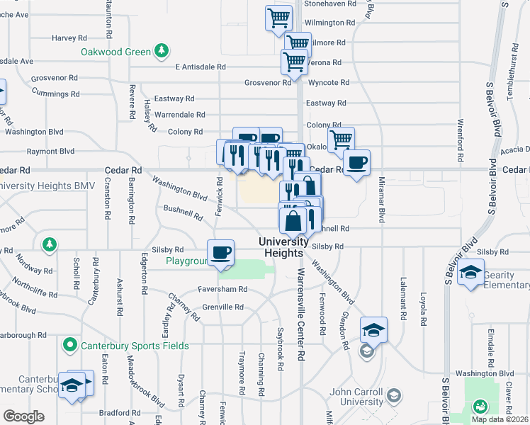 map of restaurants, bars, coffee shops, grocery stores, and more near 3933 Bushnell Road in University Heights