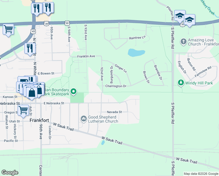 map of restaurants, bars, coffee shops, grocery stores, and more near 9167 Charrington Drive in Frankfort