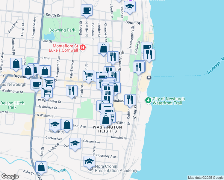 map of restaurants, bars, coffee shops, grocery stores, and more near 17 Grand Street in Newburgh